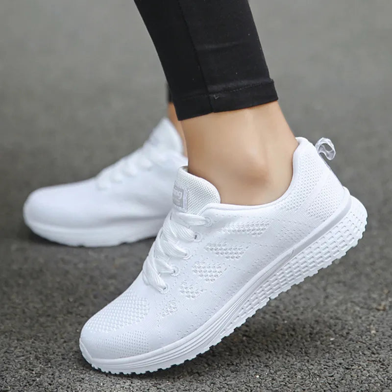 Women's Sneakers Breathable Trainers Comfortable Sneakers Women Mesh Fabric Lace Up Female Footwear Women Running Shoes  DailyAlertDeals A08White 44 