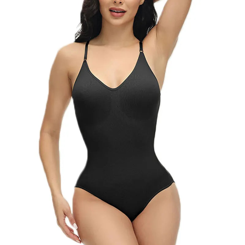 GUUDIA V Neck Spaghetti Strap Bodysuits Compression Body Suits Open Crotch Shapewear Slimming Body Shaper Smooth Out Bodysuit  DailyAlertDeals black XS 