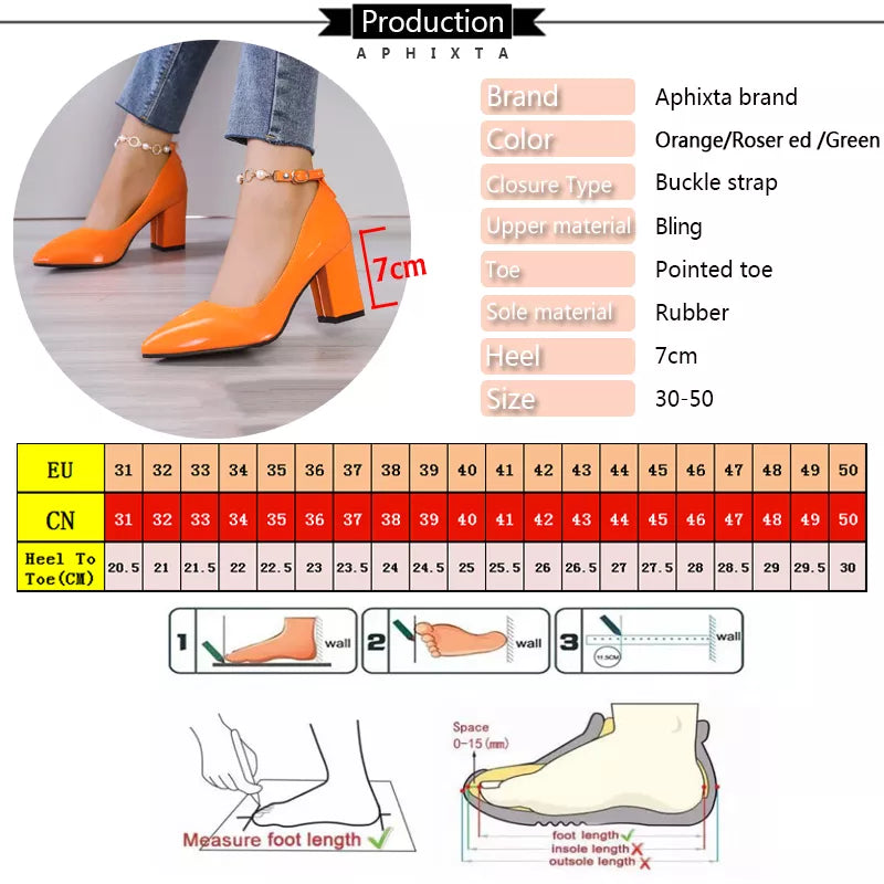 Aphixta 2023 New Luxury Rhinestone Pearl Chain 7cm Chunky Heels Pumps Women Shoes String Bead Pointed Toe Bling Crystals Pumps  DailyAlertDeals   