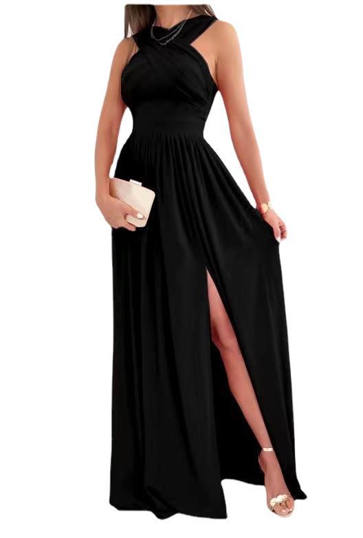 Summer Sleeveless Neck Hanging Back Dress Party Birthday Valentine Day gift Maxi For Her Women fashion clothing Orange Felix Black 2XL 