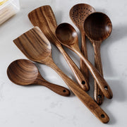 7pcs/set Teak Natural Wood Tableware Spoon Ladle Turner Rice Colander Soup Skimmer Cooking Spoon Scoop Kitchen Reusable Tool Kit 0 DailyAlertDeals   