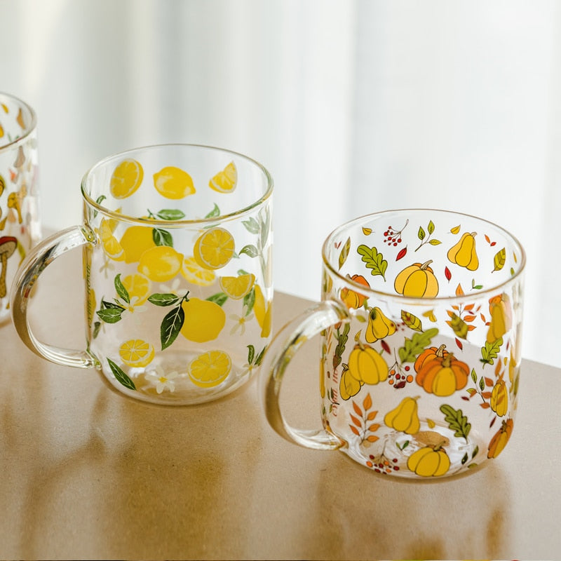 JINYOUJIA Heat-Resistant With Handle Glass Mug Breakfast Milk Cup Cute Office Home Coffee Mugs Lemon Mushroom Pumpkin Pattern 0 DailyAlertDeals   