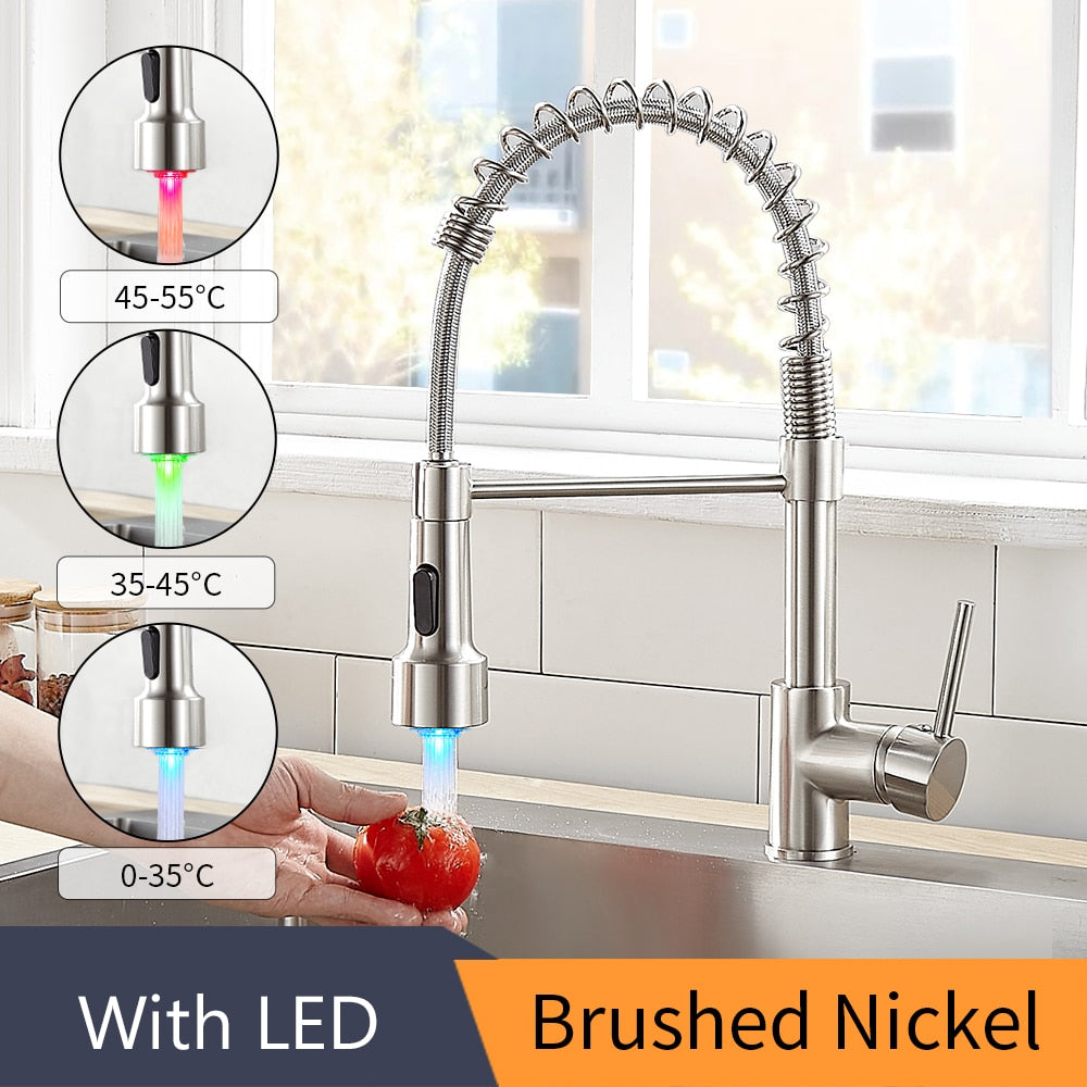 Kitchen Faucets Brush Brass Faucets for Kitchen Sink  Single Lever Pull Out Spring Spout Mixers Tap Hot Cold Water Crane 9009 0 DailyAlertDeals With LED Brushed United States 