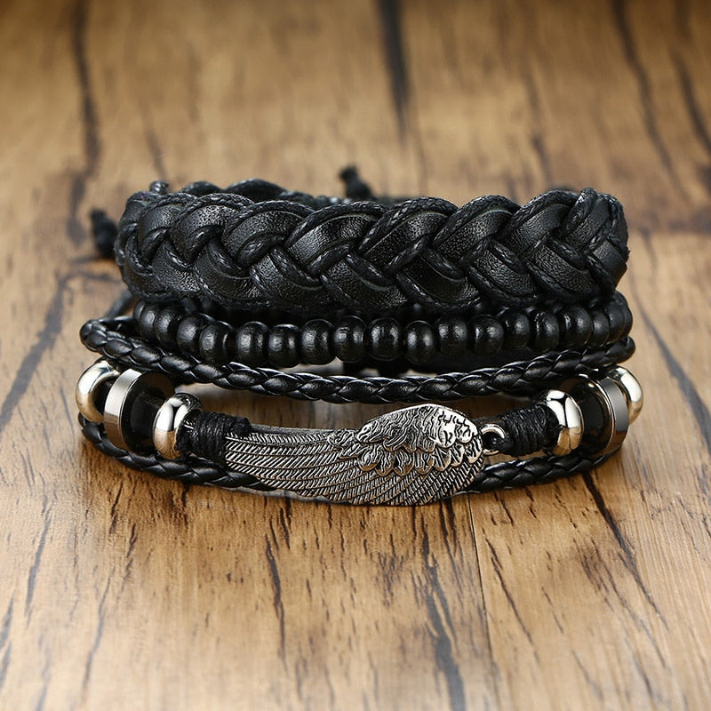 Vnox 4Pcs/ Set Braided Wrap Leather Bracelets for Men Vintage Life Tree Rudder Charm Wood Beads Ethnic Tribal Wristbands 0 DailyAlertDeals BL-603B China 