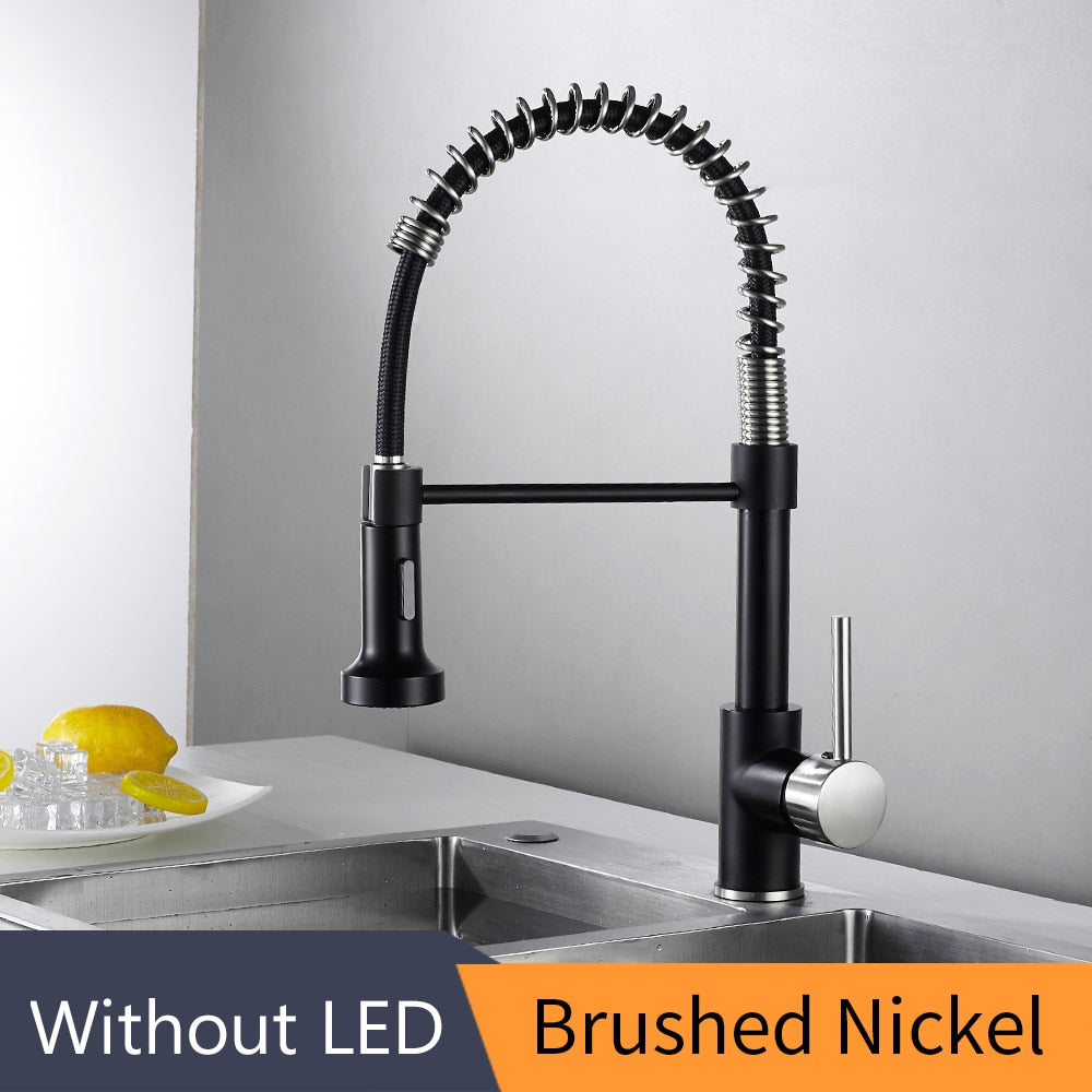 Kitchen Faucets Brush Brass Faucets for Kitchen Sink  Single Lever Pull Out Spring Spout Mixers Tap Hot Cold Water Crane 9009 Brass Faucets for Kitchen DailyAlertDeals Black and Brushed China 