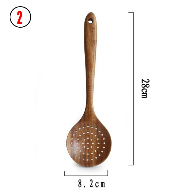 7pcs/set Teak Natural Wood Tableware Spoon Ladle Turner Rice Colander Soup Skimmer Cooking Spoon Scoop Kitchen Reusable Tool Kit 0 DailyAlertDeals 2  