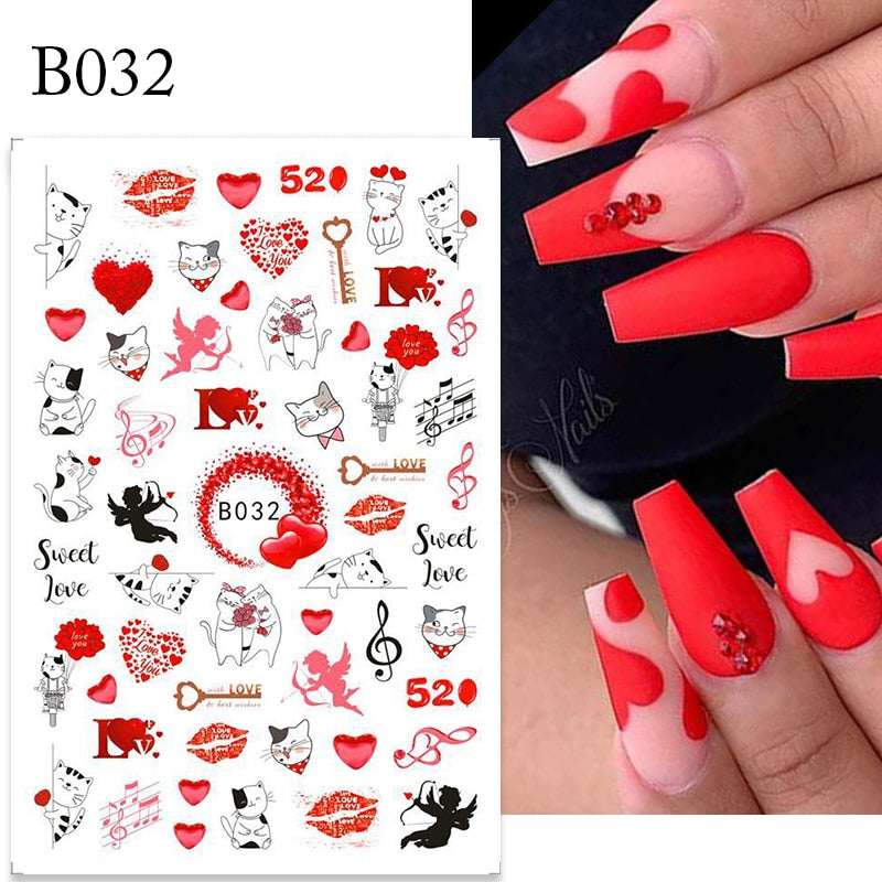Harunouta Valentine's Day 3D Nail Stickers Heart Flower Leaves Line Sliders French Tip Nail Art Transfer Decals 3D Decoration Nail Stickers DailyAlertDeals B032  