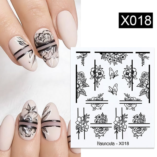 Harunouta French Black White Geometrics Pattern Water Decals Stickers Flower Leaves Slider For Nails Spring Summer Nail Design 0 DailyAlertDeals X018  