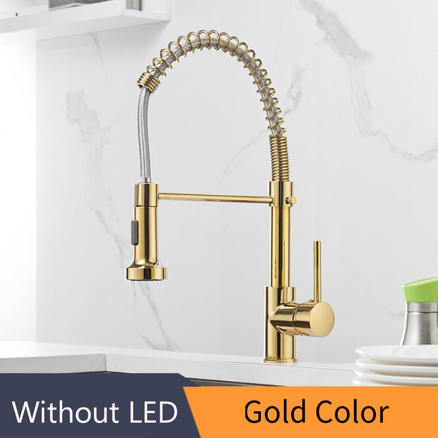 Kitchen Faucets Brush Brass Faucets for Kitchen Sink  Single Lever Pull Out Spring Spout Mixers Tap Hot Cold Water Crane 9009 0 DailyAlertDeals Gold United States 