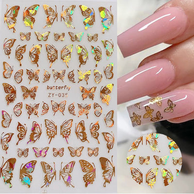 1pc Holographic 3D Butterfly Nail Art Stickers Adhesive Sliders Colorful DIY Golden Nail Transfer Decals Foils Wraps Decorations nail art DailyAlertDeals   
