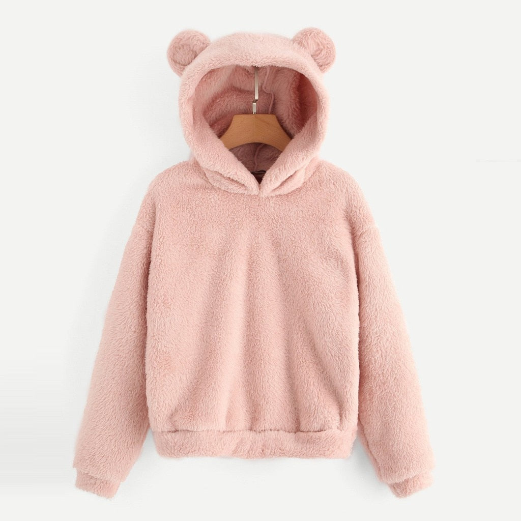 Fluffy hoodie Women fuzzy hoodie cute bear ear cap Autumn Winter Warm pullover Long Sleeve outwear Fluffy hoodie DailyAlertDeals   