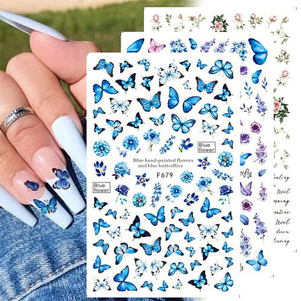 Nail Blue Butterfly Stickers Flowers Leaves Self Adhesive Decals 3D Transfer Sliders Wraps Manicure Foils DIY Decorations Tips 0 DailyAlertDeals   