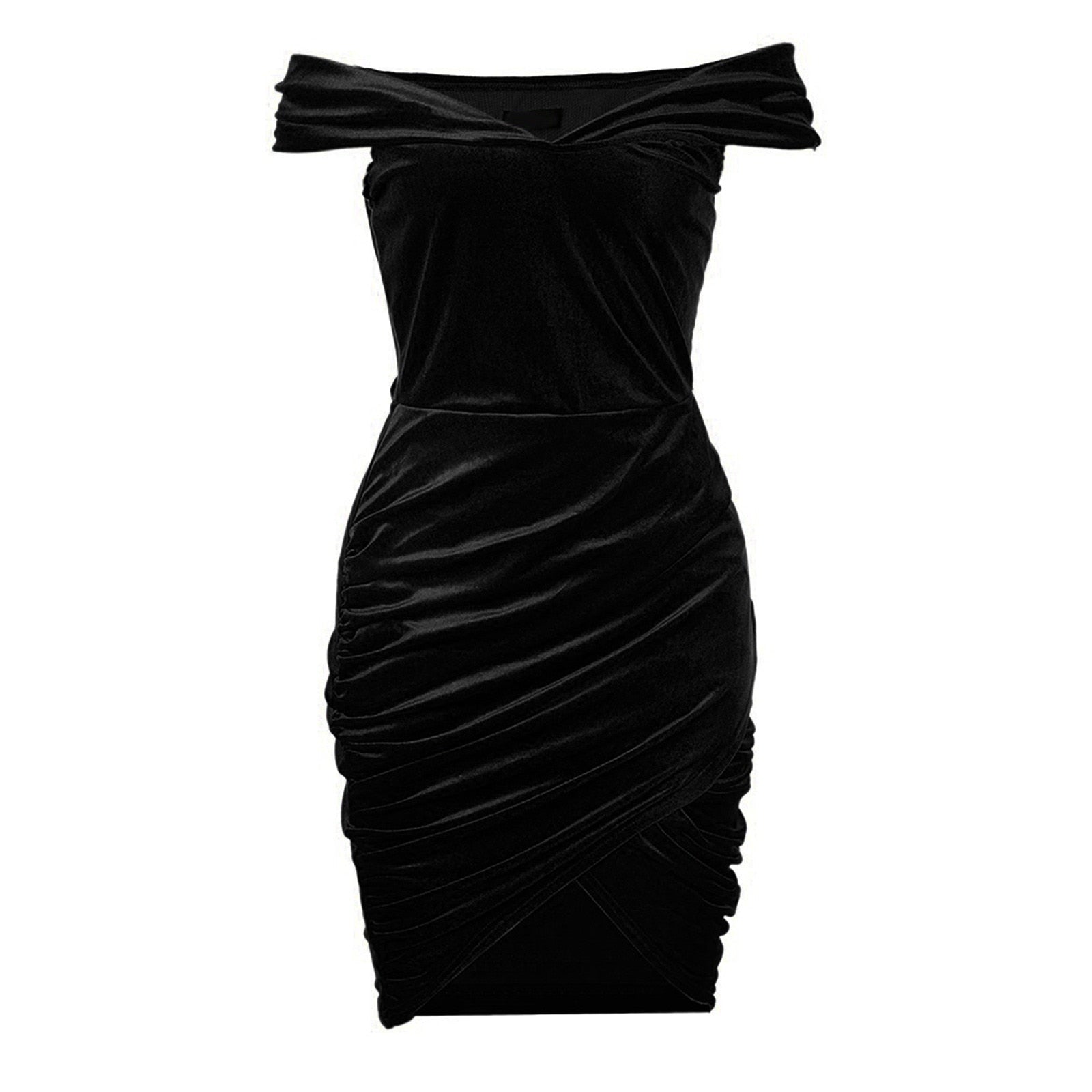 Elegant Off Shoulder Velvet Dress For Women Corduroy Cocktail Dress One Shoulder Rucked Dress Solid Robe Skinny Clubwear Velvet Dress Women DailyAlertDeals   