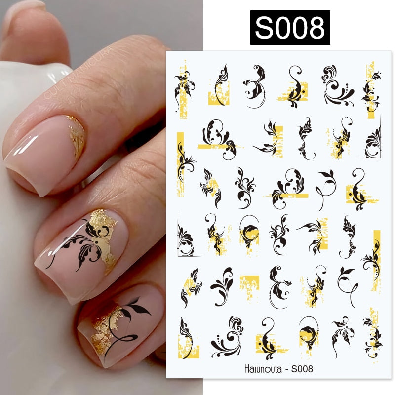 Harunouta Blooming Ink Marble 3D Nail Sticker Decals Leaves Heart Transfer Nail Sliders Abstract Geometric Line Nail Water Decal nail decal stickers DailyAlertDeals S008  