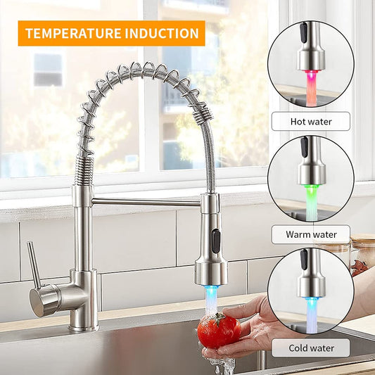 Kitchen Faucets Brush Brass Faucets for Kitchen Sink  Single Lever Pull Out Spring Spout Mixers Tap Hot Cold Water Crane 9009 Brass Faucets for Kitchen DailyAlertDeals   