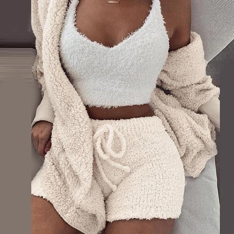Winter Autumn Three Piece Sexy Fluffy Outfits Plush Velvet Hooded Cardigan Coat+Shorts+Crop Top Women Tracksuit Set Women Outfit 0 DailyAlertDeals   