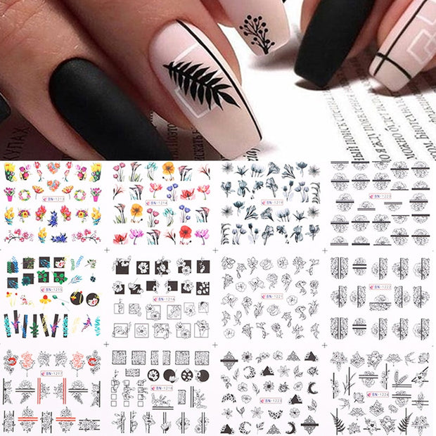 12 Designs Nail Stickers Set Mixed Floral Geometric Nail Art Water Transfer Decals Sliders Flower Leaves Manicures Decoration 0 DailyAlertDeals 15  