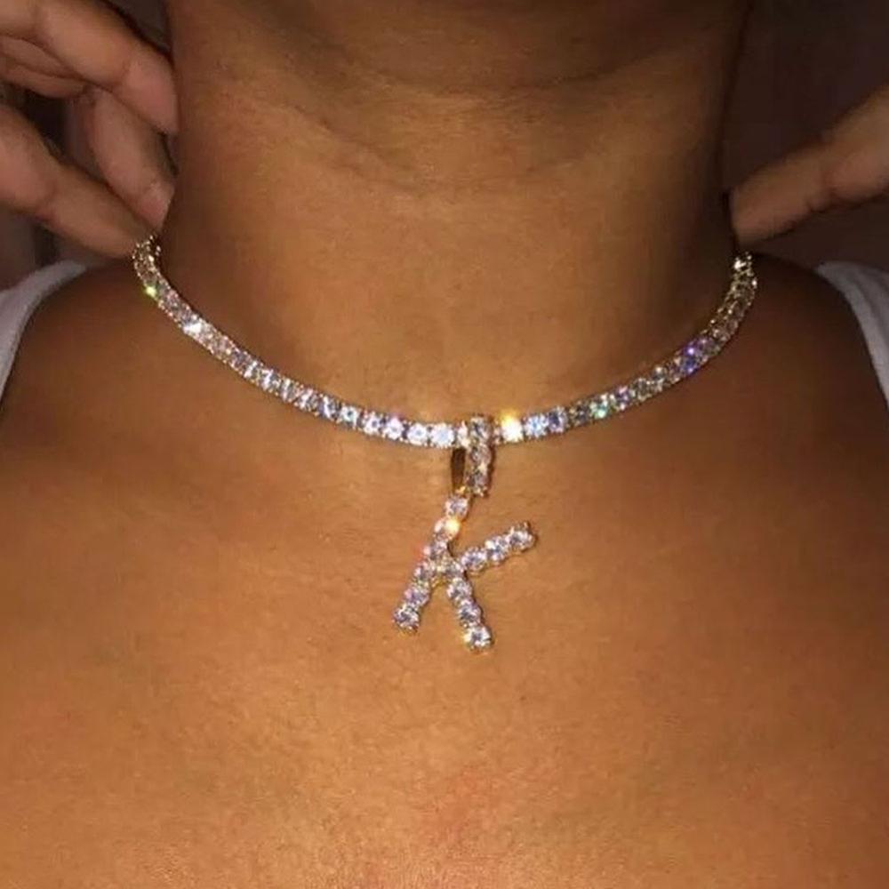 Caraquet Ice out A-Z Letter Initial Pendant Necklace Silver Color Tennis Chain Choker Necklace Female Fashion Statement Jewelry 0 DailyAlertDeals   