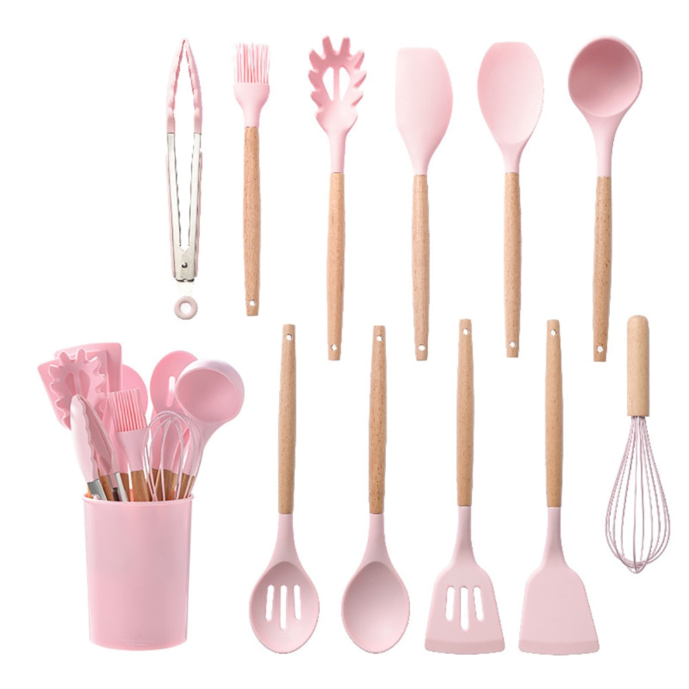 Silicone Kitchenware Cooking Utensils Set Non-stick Cookware Spatula Shovel Egg Beaters Wooden Handle Kitchen Cooking Tool Set utensils DailyAlertDeals Saudi Arabia setCJ-pink 