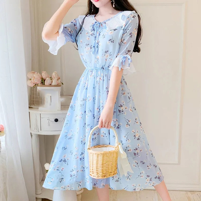 2021 summer new dress short-sleeved chiffon print dress female slim slimming long skirt 0 DailyAlertDeals   