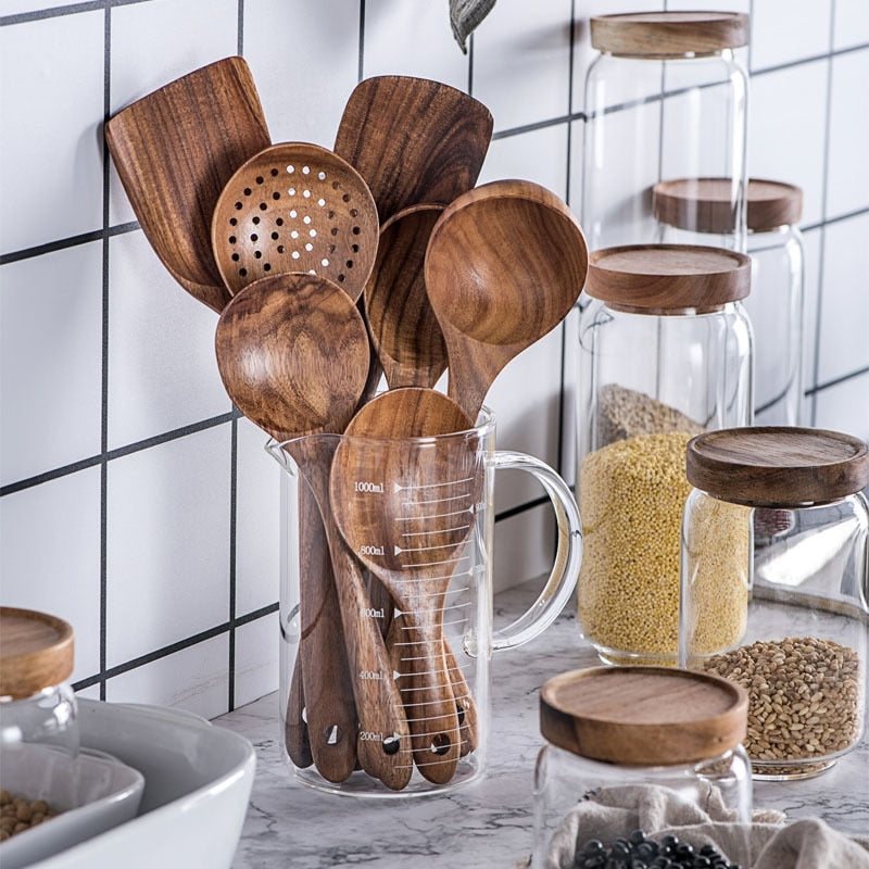 7pcs/set Teak Natural Wood Tableware Spoon Ladle Turner Rice Colander Soup Skimmer Cooking Spoon Scoop Kitchen Reusable Tool Kit 0 DailyAlertDeals   
