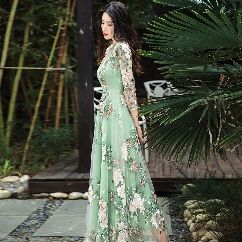 Autumn elegant women&#39;s dress women&#39;s casual trumpet sleeve office Chiffon embroidered dress a-word retro sweet clothes 0 DailyAlertDeals   