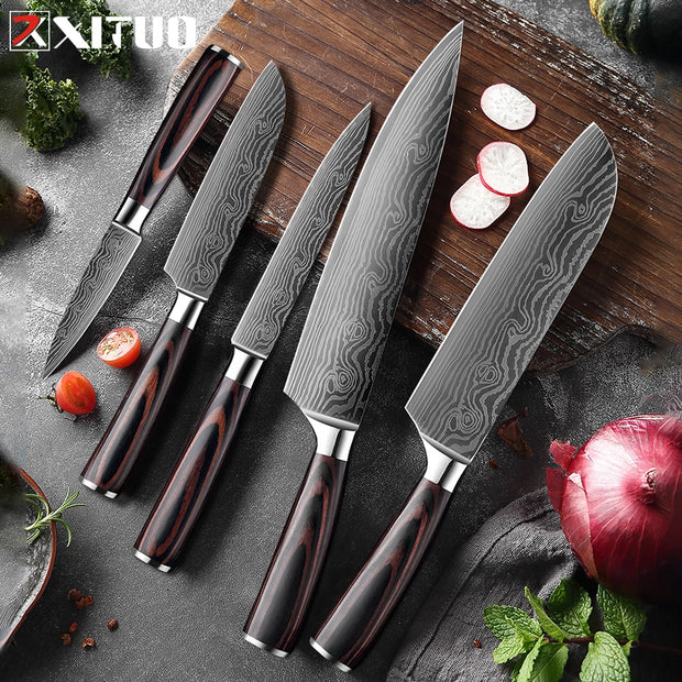 XITUO 1-5PCS set Chef Knife Japanese Stainless Steel Sanding Laser Pattern Knives Professional Sharp Blade Knife Cooking Tool 0 DailyAlertDeals   