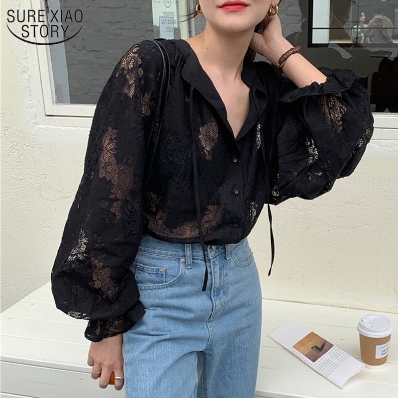 2022 Women Blouse with Lace Lantern Long Sleeve Transparent Blouse Loose Sexy Cardigan Lace Shirt Spring Black Lace Top 10202 0 DailyAlertDeals   