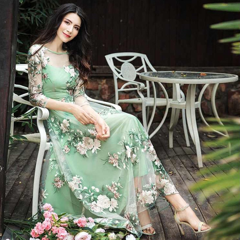 Autumn elegant women&#39;s dress women&#39;s casual trumpet sleeve office Chiffon embroidered dress a-word retro sweet clothes 0 DailyAlertDeals   