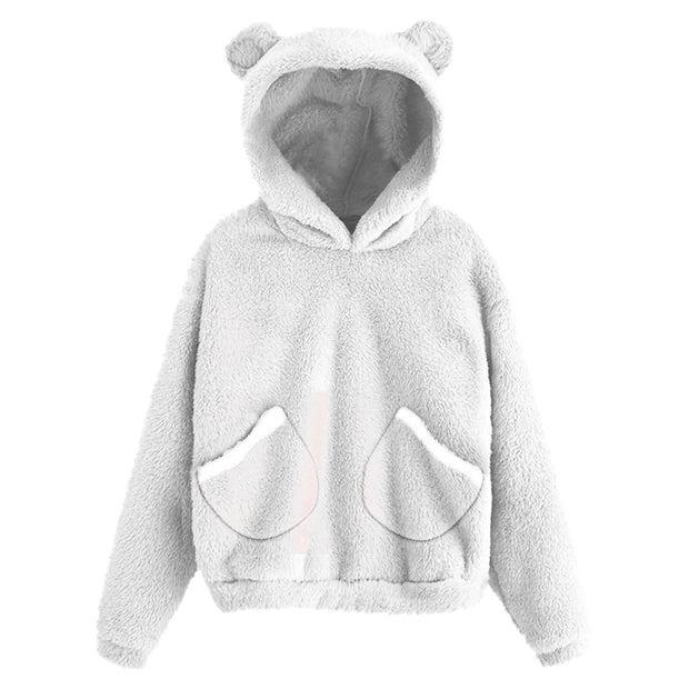 Fluffy hoodie Women fuzzy hoodie cute bear ear cap Autumn Winter Warm pullover Long Sleeve outwear Fluffy hoodie DailyAlertDeals White WITH POCKET S United States