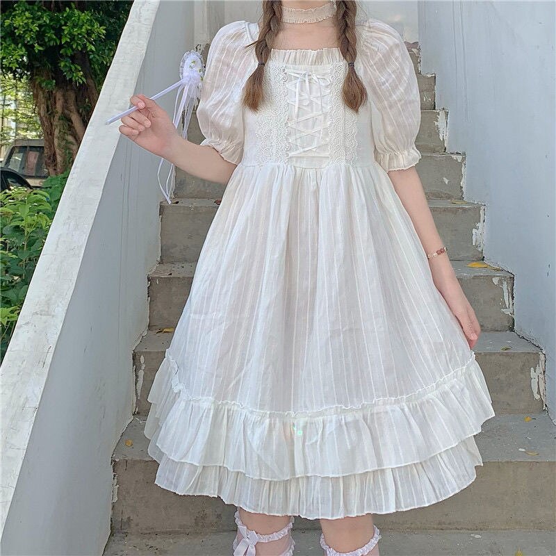 Summer White Kawaii Lolita Dress Women Summer Japanese High Waist Elegant Sweet Dress Bow Chic Party Holiday Casual Dress 2021 0 DailyAlertDeals white S 