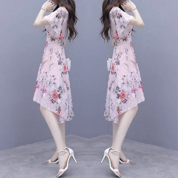 2022 New fashion women&#39;s French dress female temperament Round neck long-sleeved chiffon floral dresses 0 DailyAlertDeals   