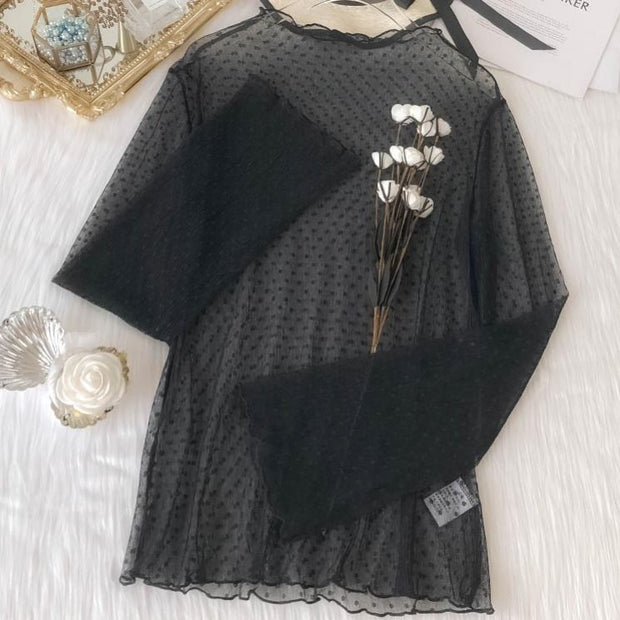 JuneLove Autumn Women Long Sleeve Turtleneck Lace Shirt Sexy Blouse lady Slim Blouse Perspective Mesh female Elastic Shirts Tops 0 DailyAlertDeals 343Jblack S-M 