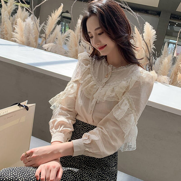 2022 Elegant Ladies Tops Women&#39;s Tops and Blouses Solid Lace Blouse Button Stand Tops for Women Shirts Blusas Femininas 8049 50 0 DailyAlertDeals   