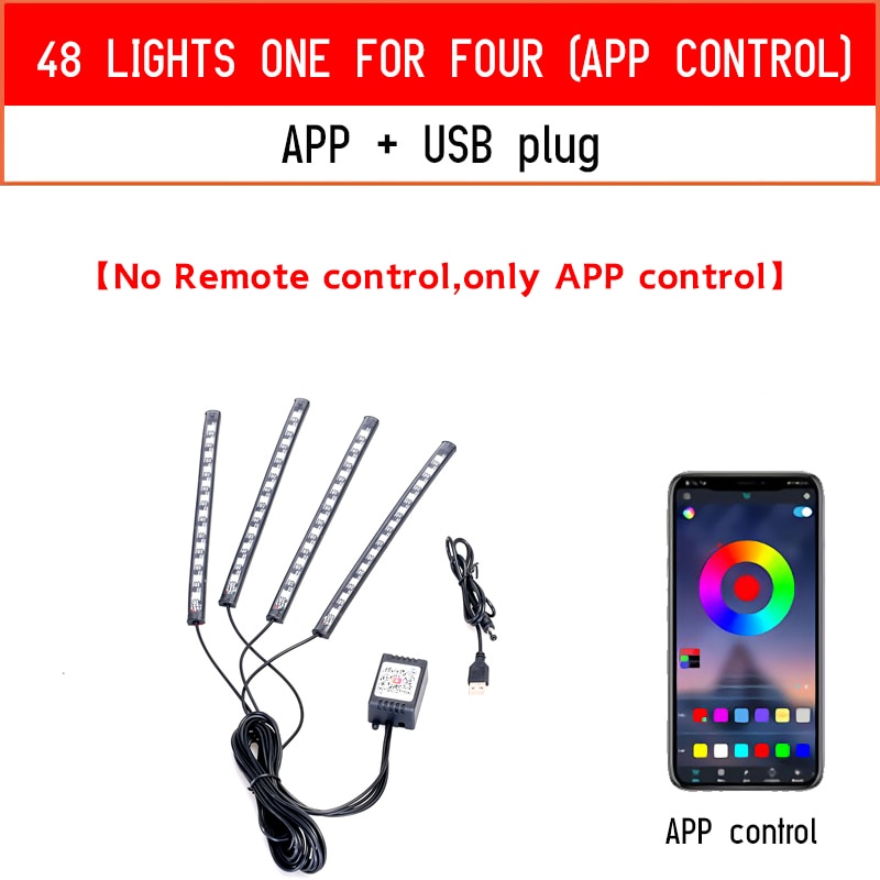 Rgb Led Lights for Cars Ambient Lighting Car Interior Neon Light With Music Voice Control App Inside Car Lights RGB LED Light with control DailyAlertDeals 48LED USB APP  