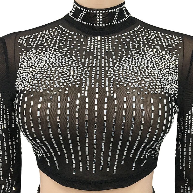 Black Crystal See Through Maxi Skirt Suits Sexy Mesh Long Sleeve Women's Party Outfit Top Clubwear Outfits Maxi Dresses DailyAlertDeals   
