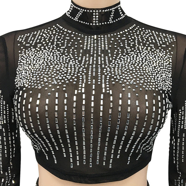 Black Crystal See Through Maxi Skirt Suits Sexy Mesh Long Sleeve Women's Party Outfit Top Clubwear Outfits Maxi Dresses DailyAlertDeals   