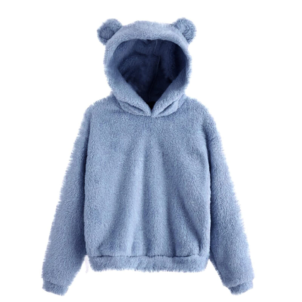 Fluffy hoodie Women fuzzy hoodie cute bear ear cap Autumn Winter Warm pullover Long Sleeve outwear Fluffy hoodie DailyAlertDeals Blue S