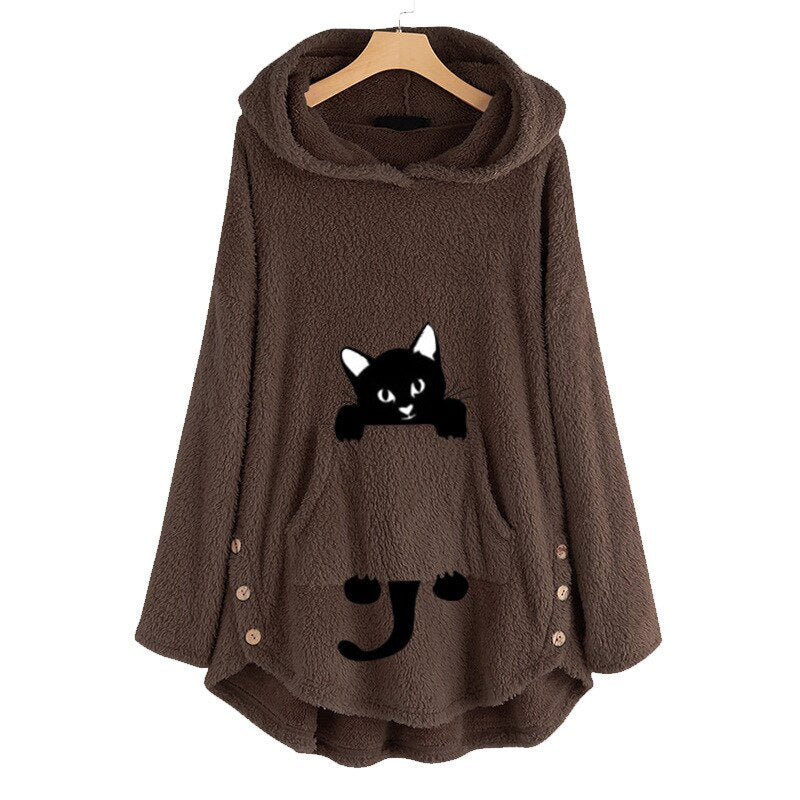 Lovely Cartoon Cat Fleece Winter Pajamas Women Hoodies Hooded Sweatshirts Long Sleeve Lady Pullovers Tops 0 DailyAlertDeals Coffee M 