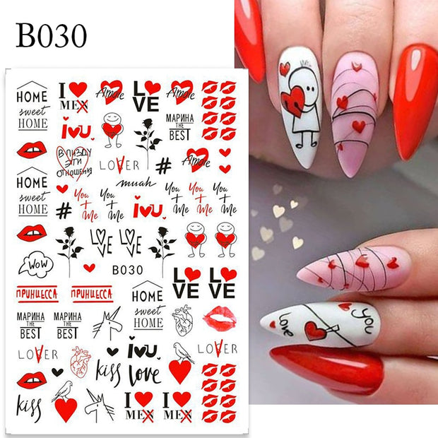 Harunouta Valentine's Day 3D Nail Stickers Heart Flower Leaves Line Sliders French Tip Nail Art Transfer Decals 3D Decoration Nail Stickers DailyAlertDeals B030  
