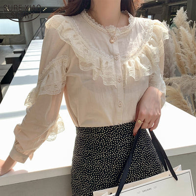 2022 Elegant Ladies Tops Women&#39;s Tops and Blouses Solid Lace Blouse Button Stand Tops for Women Shirts Blusas Femininas 8049 50 0 DailyAlertDeals   