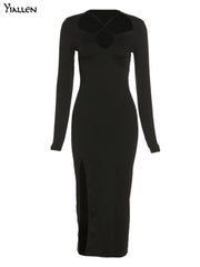 Autumn Crossed Cleavage Maxi Dress Women Concise Side Spilt Elegant Vestido Lady High Street Bodycon Slim Robe Skirt Black Maxi Dress for Women DailyAlertDeals Black S 