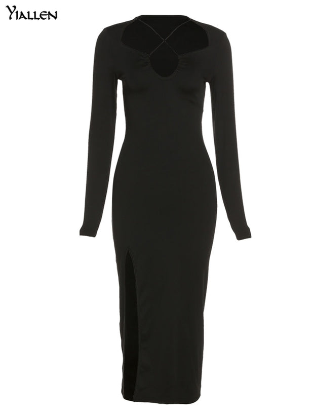 Autumn Crossed Cleavage Maxi Dress Women Concise Side Spilt Elegant Vestido Lady High Street Bodycon Slim Robe Skirt Black Maxi Dress for Women DailyAlertDeals Black S 