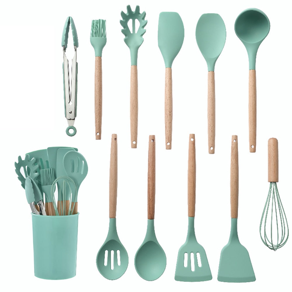 Silicone Kitchenware Cooking Utensils Set Non-stick Cookware Spatula Shovel Egg Beaters Wooden Handle Kitchen Cooking Tool Set utensils DailyAlertDeals Saudi Arabia setCJ-green 