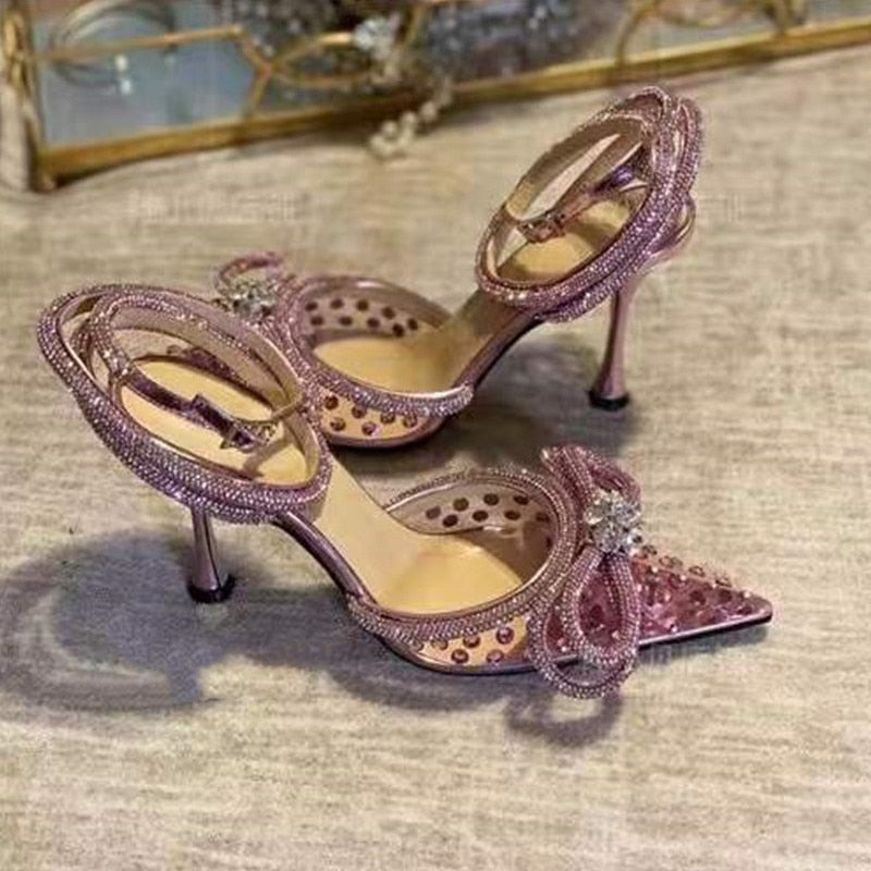 Runway style Glitter Rhinestones Women Pumps Crystal bowknot Satin Summer Lady Shoes Genuine leather High heels Party Prom Shoes High heels shoes DailyAlertDeals   