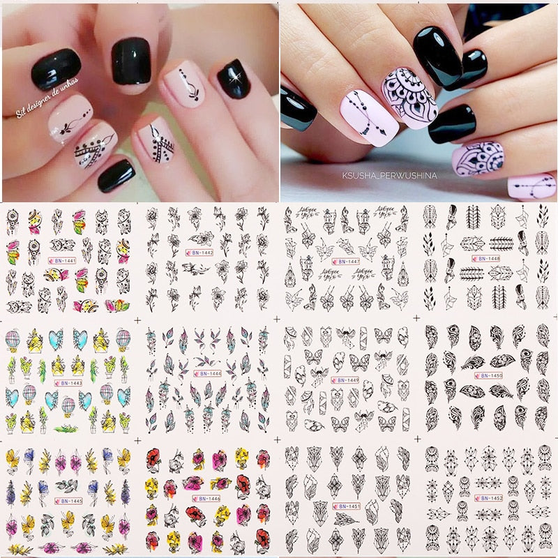 12 Designs Nail Stickers Set Mixed Floral Geometric Nail Art Water Transfer Decals Sliders Flower Leaves Manicures Decoration 0 DailyAlertDeals 09  