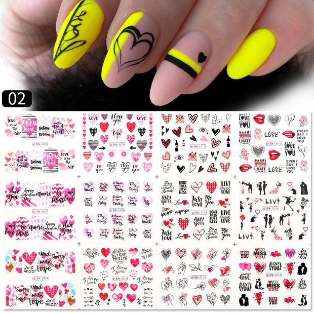 Harunouta Valentine's Day 3D Nail Stickers Heart Flower Leaves Line Sliders French Tip Nail Art Transfer Decals 3D Decoration Nail Stickers DailyAlertDeals Water Decals 02  