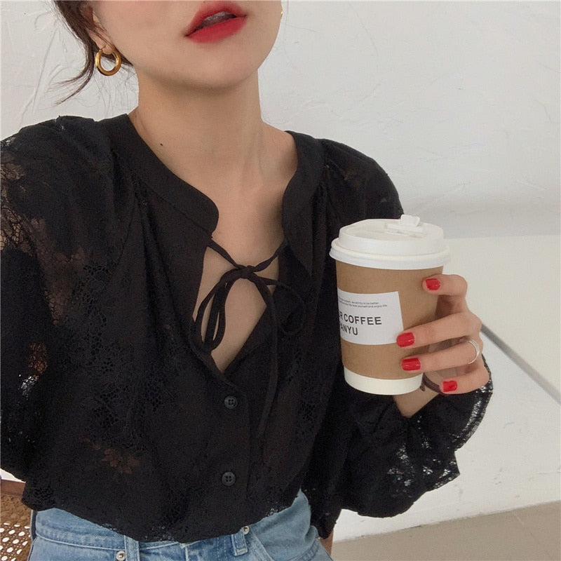 2022 Women Blouse with Lace Lantern Long Sleeve Transparent Blouse Loose Sexy Cardigan Lace Shirt Spring Black Lace Top 10202 0 DailyAlertDeals   