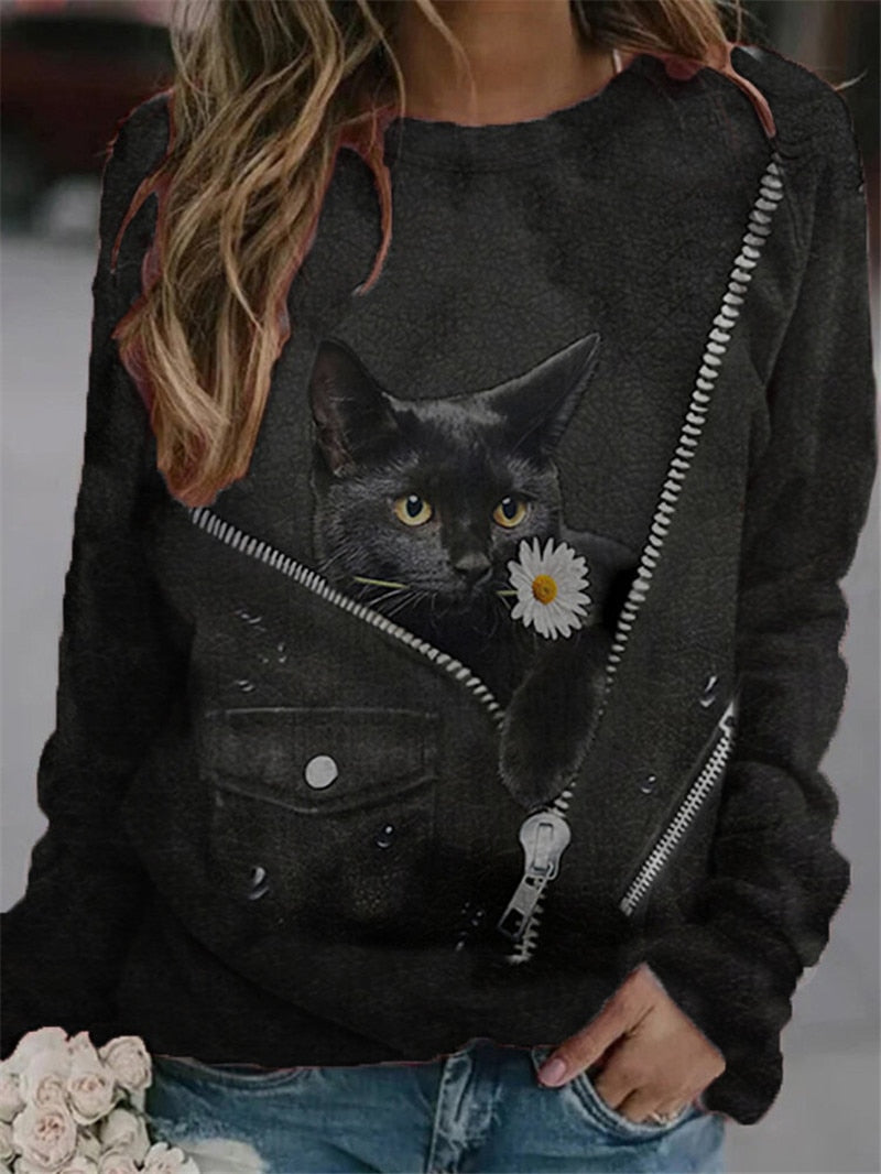 Funny Cute Cat 3D Print Casual Pullovers Women Clothes Spring Autumn Sweatshirts Long Sleeve T-Shirts Lady Clothing Fashion Tops 0 DailyAlertDeals G M 