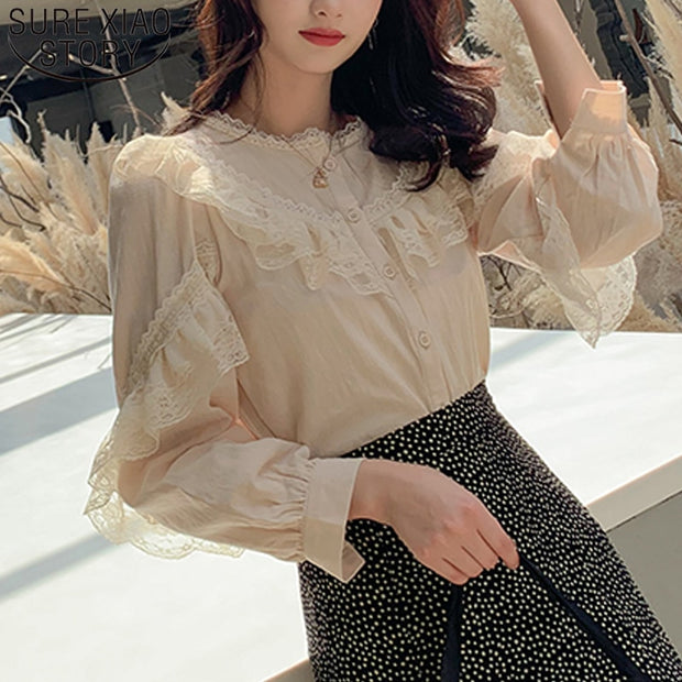 2022 Elegant Ladies Tops Women&#39;s Tops and Blouses Solid Lace Blouse Button Stand Tops for Women Shirts Blusas Femininas 8049 50 0 DailyAlertDeals   